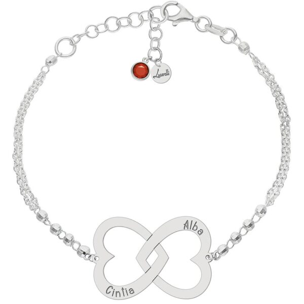Pulsera plata 925mm forzada + bolas - 2 corazones entrelazados
