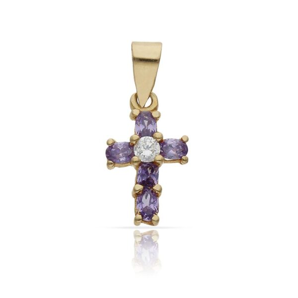 Cruz oro 18kl piedras lila + circonitas - 8x13mm