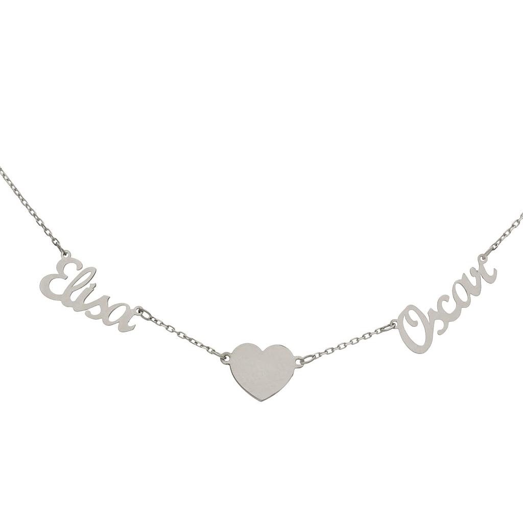 Gargantilla oro blanco 18kl - 2 nombres + corazon