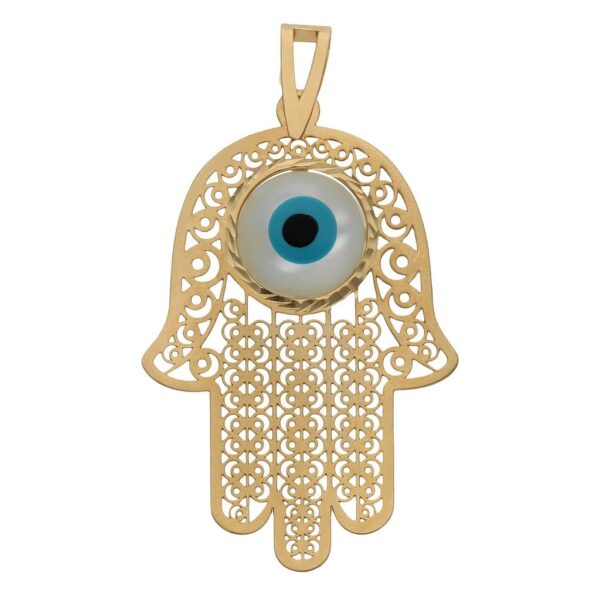 Colgante oro 18kl mano de fatima + ojo turco