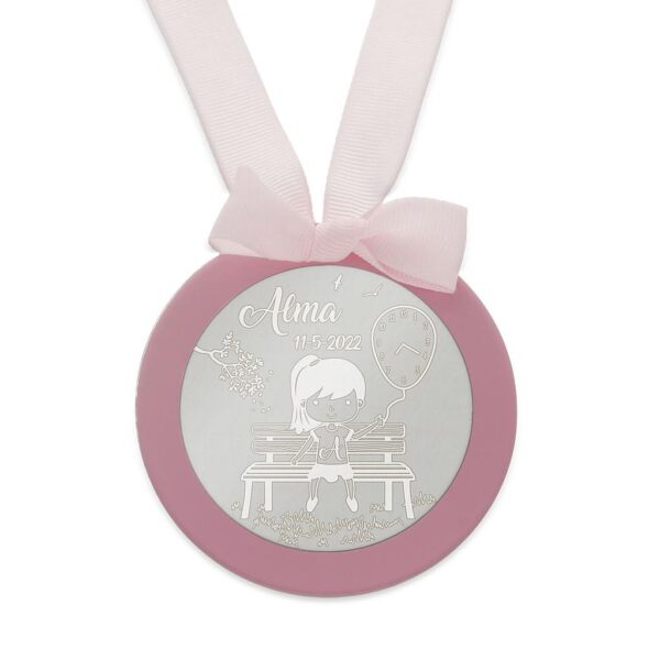 Medalla cuna plata 925mm redonda niña + globo