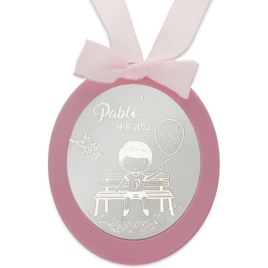 Medalla cuna plata 925mm ovalada niño globo