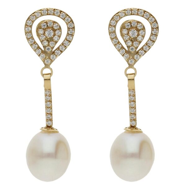 Pendientes oro 18kl perlas cultivadas + circonitas - 9x31mm