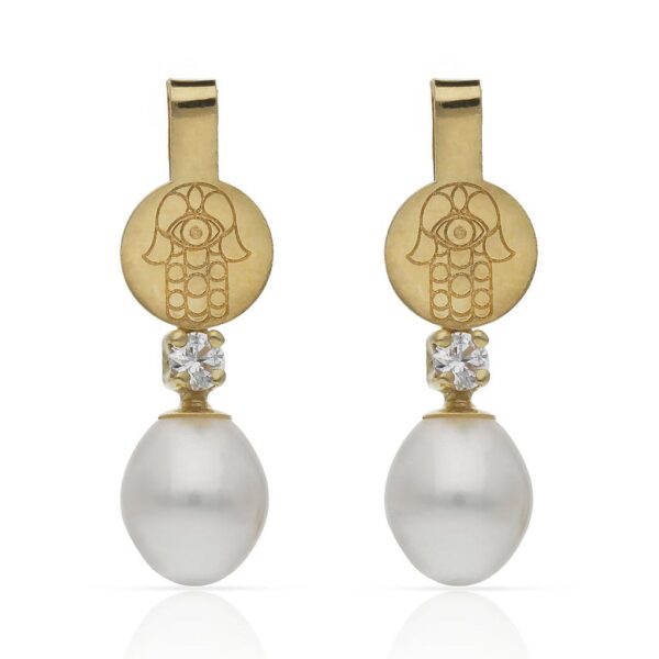 Pendientes oro 18kl mano de fatima + perlas