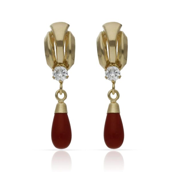 Pendientes oro 18kl coral sintetico + circonitas