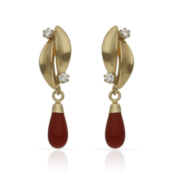 Pendientes oro 18kl coral sintetico + circonitas