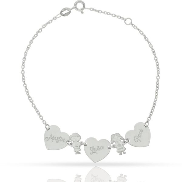 Pulsera oro blanco 18kl corazones + niños