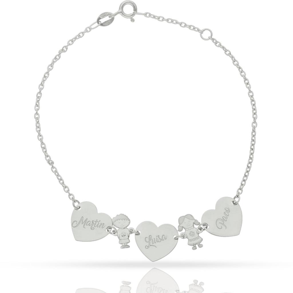 Pulsera oro blanco 18kl corazones + niños