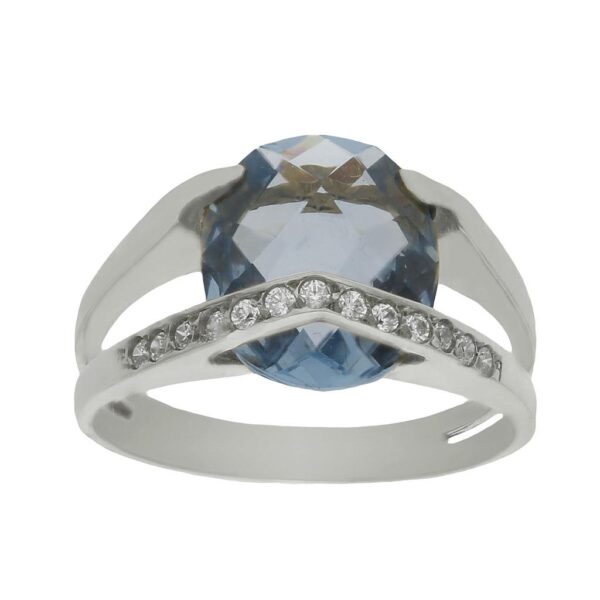 Sortija oro blanco 18kl - piedra azul + circonitas