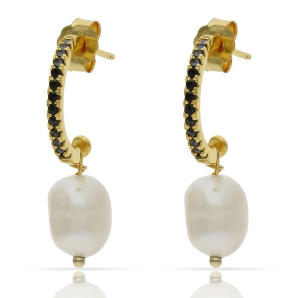 Aros plata chapada oro circonitas negras + perlas - 6mm