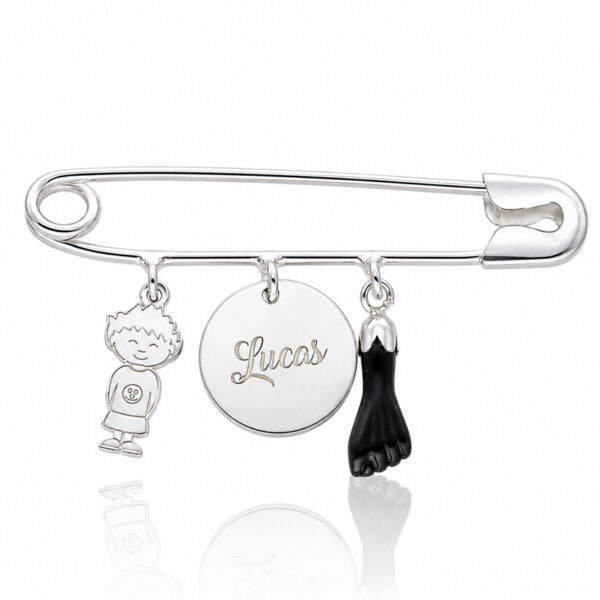 Coleccion nido · imperdible bebe plata 925mm niño + chapa nombre + higa