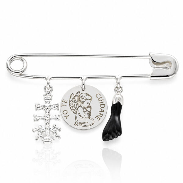 Coleccion nido · imperdible bebe plata 925mm caravaca + angel de la guarda + higa