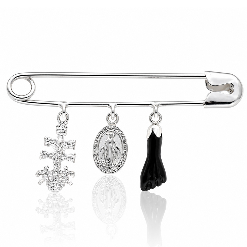 Coleccion nido · imperdible bebe plata 925mm caravaca + v. milagrosa + higa