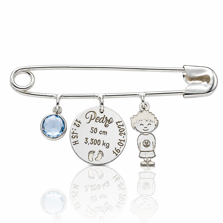 Coleccion nido · imperdible bebe plata 925mm piedra azul + natalicio + niño