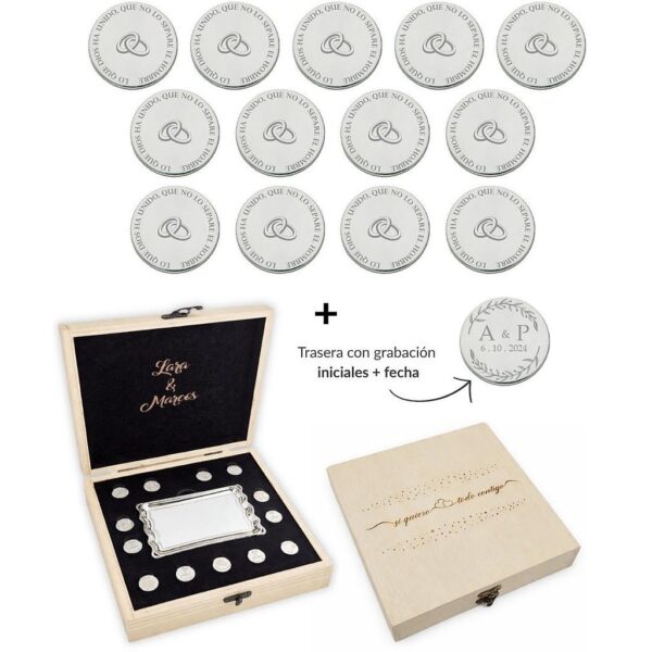 Arras personalizadas alianzas · plata de ley + estuche madera + bandeja