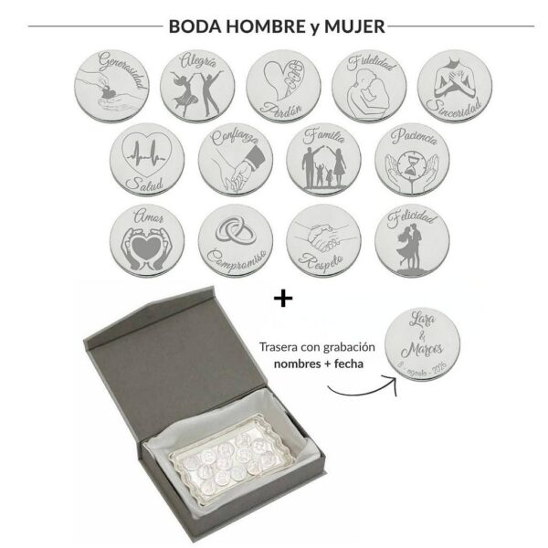Arras personalizadas boda hombre + mujer · plata de ley + bandeja + estuche