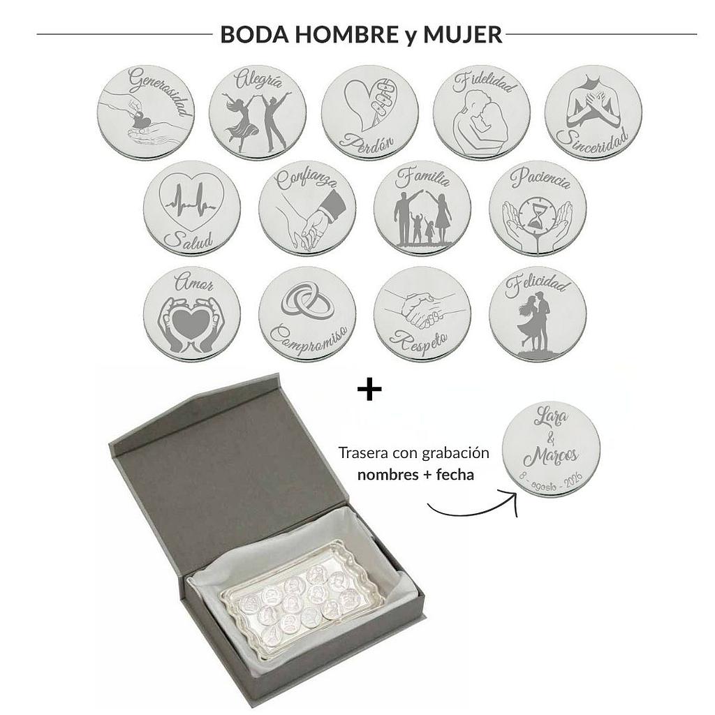 Arras personalizadas boda hombre + mujer · plata de ley + bandeja + estuche