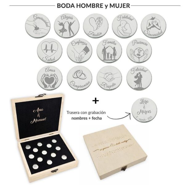 Arras personalizadas boda hombre + mujer · plata de ley + estuche madera
