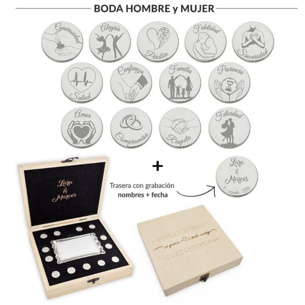 Arras personalizadas boda hombre + mujer · plata de ley + estuche madera + bandeja