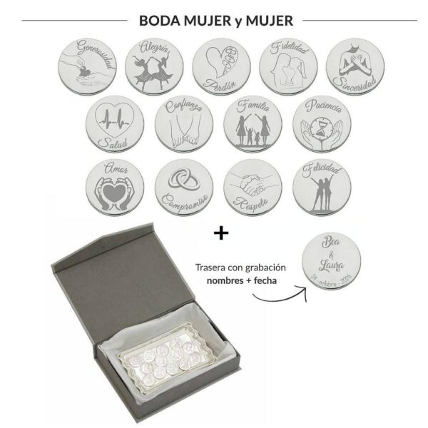 Arras personalizadas boda mujer + mujer · plata de ley + bandeja + estuche