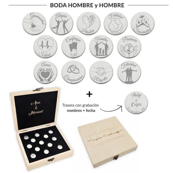 Arras personalizadas boda mujer + mujer · plata de ley + estuche madera