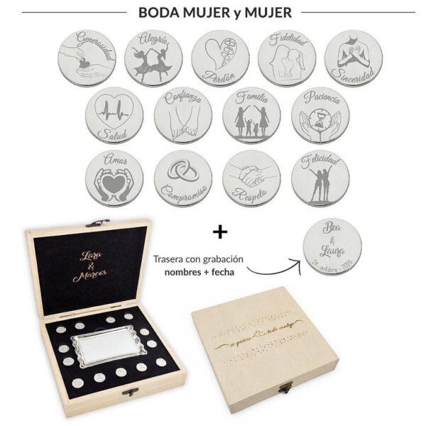 Arras personalizadas boda mujer + mujer · plata de ley + estuche madera + bandeja