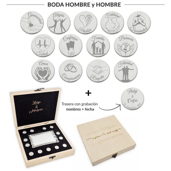 Arras personalizadas boda hombre + hombre · plata de ley + estuche madera + bandeja