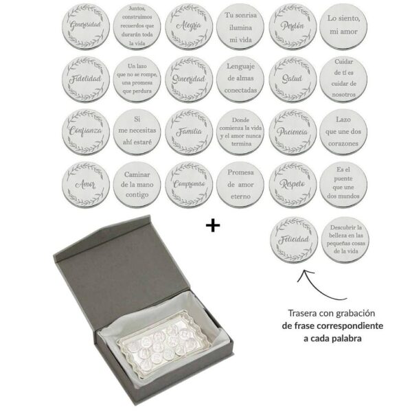 Arras personalizadas palabra + frase · plata de ley + bandeja + estuche