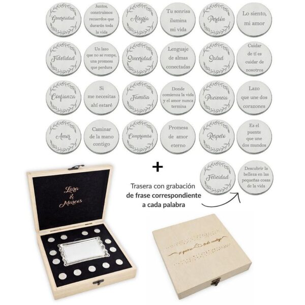 Arras personalizadas palabra + frase · plata de ley + estuche madera + bandeja